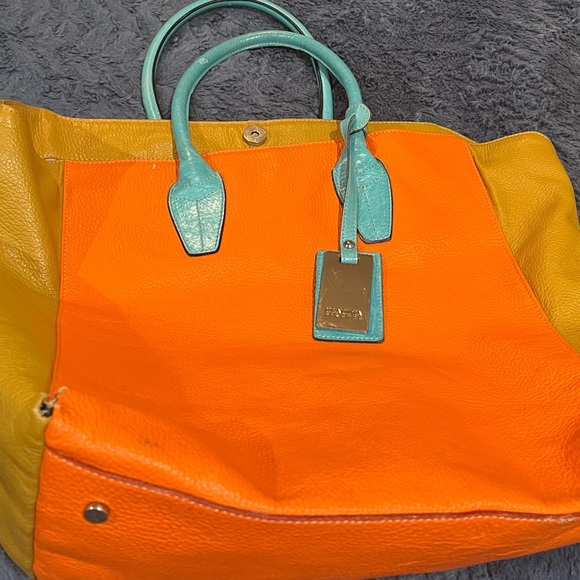 CLAUDIA FIRENZE Tan/ Tangerine /
Blue Leather Maxi Tote Bag - Picture 14 of 15